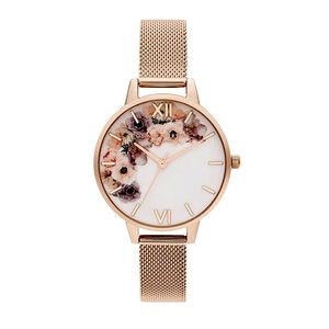 Brand NEW Olivia Burton Watch Watercolor Florals Pale Rose Gold-Plated Mesh